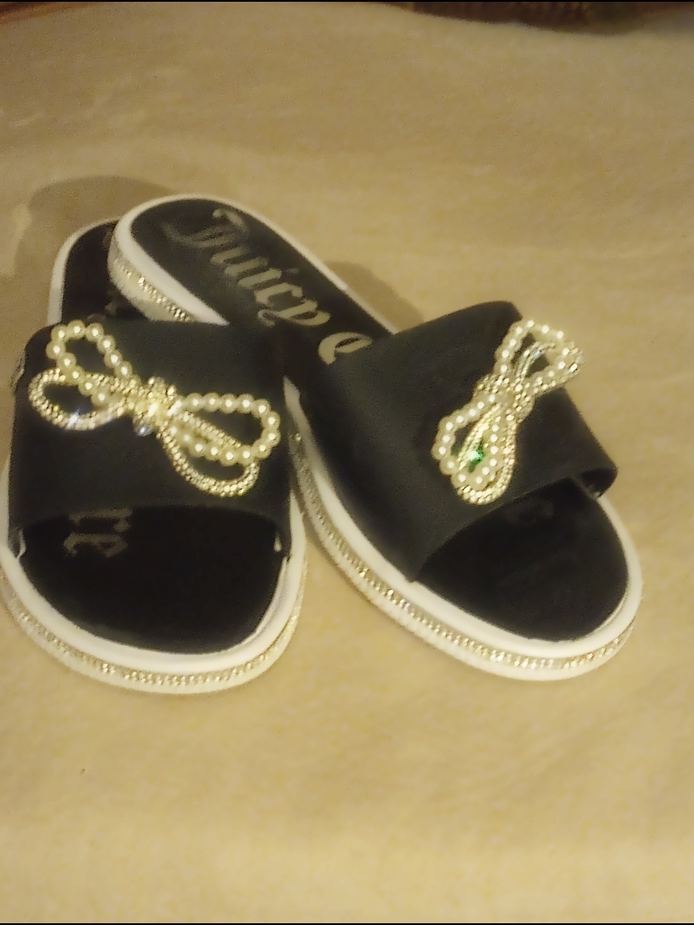 Juicy Couture Black Slide Sandals with Pearl Bow Accents